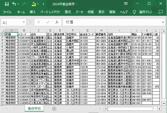 専修(専門学校)版データ　サンプル画面