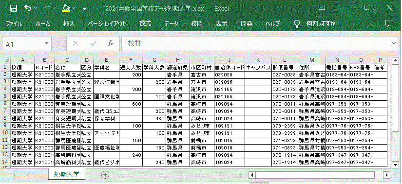 短期大学版データ　サンプル画面